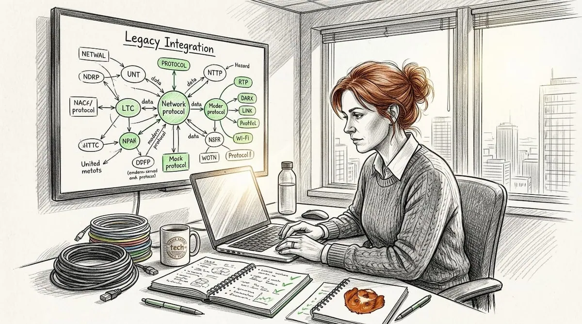 IT manager reviewing protocol integration diagram
